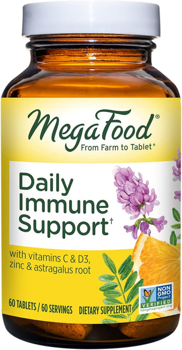 MegaFood Daily Immune Support - Immune Support Supplement with Vitamin C, Vitamin D, Zinc, Astragalus Root, and More - Vitamins for Women & Men - Non-GMO - Made Without 9 Food Allergens - 60 Tabs