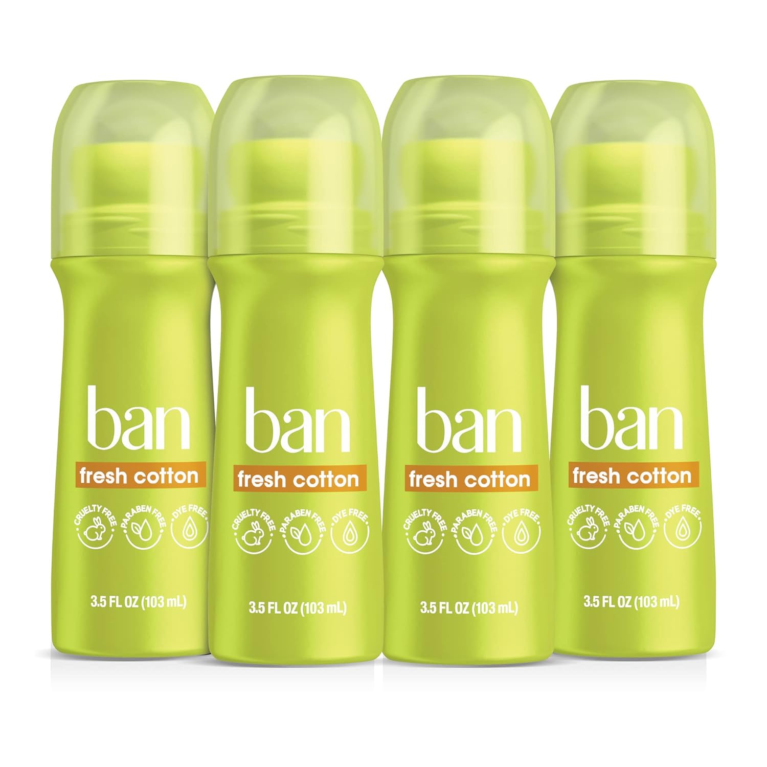 Ban Fresh Cotton 24-hour Invisible Antiperspirant, 3.5oz Roll-on Deodorant for Women and Men, Underarm Wetness Protection, with Odor-fighting Ingredients (4 Pack)
