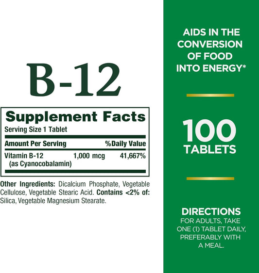 Nature'S Bounty Vitamin B12 1000Mcg, Supports Energy Metabolism And Nervous System Health, Vitamin Supplement, 100 Tablets