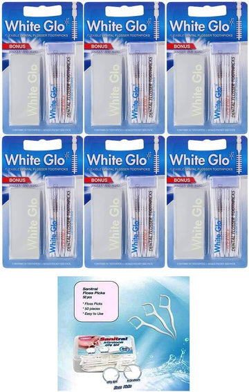 White Glo Flexible Dental Flosser Toothpicks (Pack Of 6) With Sanitral 50 Pcs Dental Floss Stick Included As A Gift