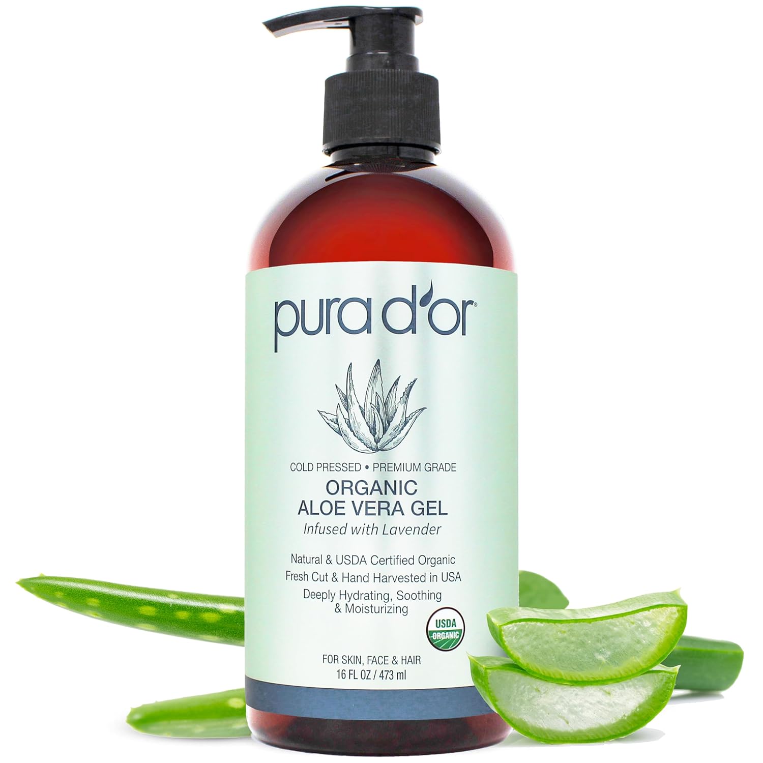 Pura D'Or 16 Oz Organic Aloe Vera Gel - Lavender - All Natural - Zero Artificial Preservatives - Deeply Hydrating & Moisturizing - Sunburn, Bug Bites, Rashes, Small Cuts, Eczema Relief - Skin & Hair