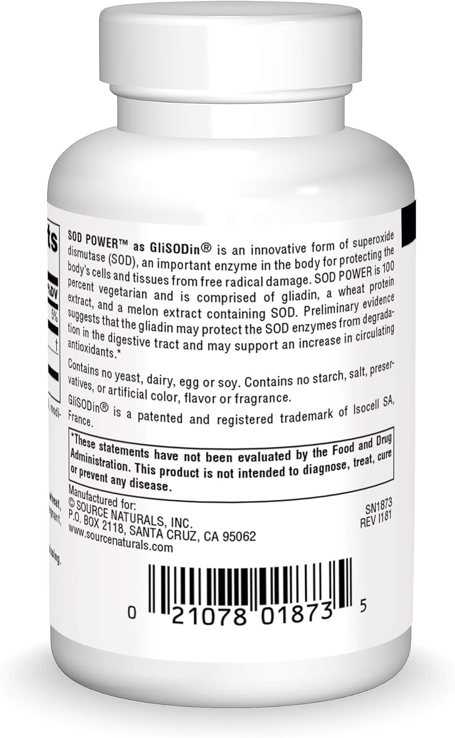 Source Naturals SOD Power 250mg Superoxide Dismutase As Glisodin Nutricosmetic Supplement - 60 Tablets