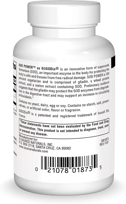 Source Naturals SOD Power 250mg Superoxide Dismutase As Glisodin Nutricosmetic Supplement - 60 Tablets
