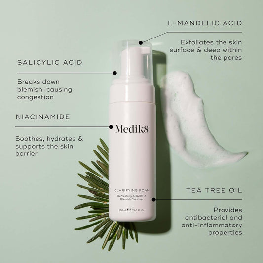 Medik8 Clarifying Foam - Lightweight Exfoliating Aha And Bha Face Cleanser - Salicylic Acid And Nicacinamide - Gentle Foaming Facial Cleanser - 5 Oz