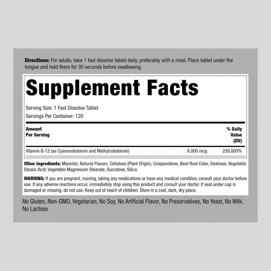 Piping Rock Vitamin B12 | 6000 mcg | 120 Fast Dissolve Tablets | Berry Flavor Methylcobalamin B-12 Supplement | Vegetarian, Non-GMO, Gluten Free