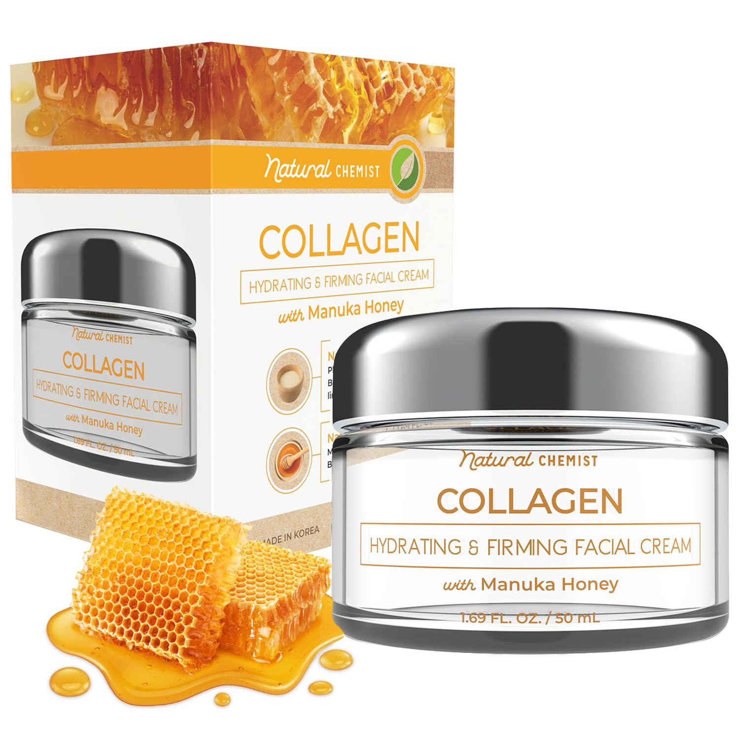 Collagen & Manuka Honey Daily Face Moisturizer - Balances Ph, Anti-Aging, Skin Firming, Dermatologist Tested, Cruelty Free Korean Skin Care For All Skin Types - 1.69 Fl. Oz