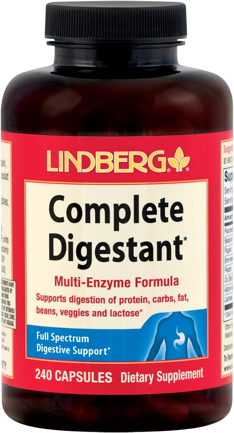 LINDBERG Complete Digestant Multi-Enzyme Formula with Pancreatin and Betain Hydrochloride, 240 Capsules