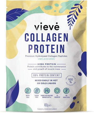 Vieve Collagen Protein Powder - Hydrolysed Bovine Peptides - Diet Support Supplement For Skin, Hair, Nail Health - Non-Gmo, Eu Grass-Fed, Pasture-Raised Cattle - No Dairy Or Sugar, Flavourless, 400G