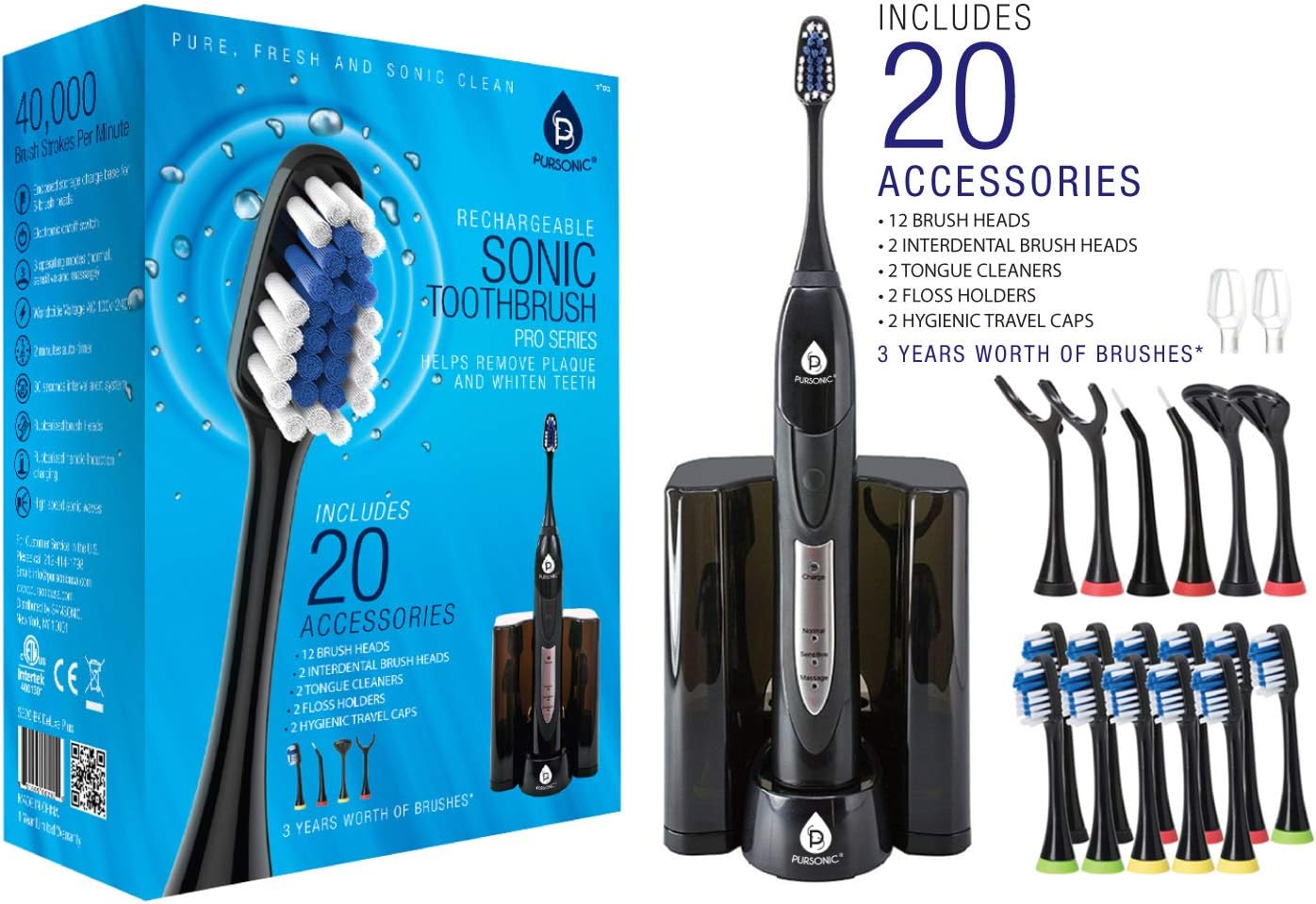 Pursonic S520 Black Ultra High Powered Sonic Electric Toothbrush With Dock Charger, 12 Brush Heads & More! (Value Pack)
