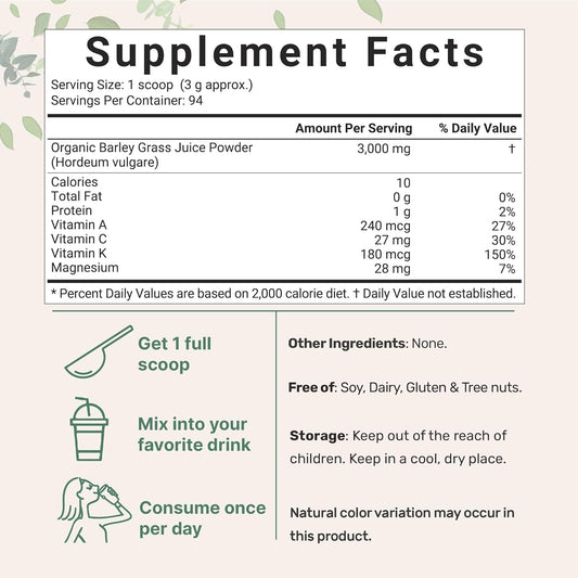 Micro Ingredients Organic Barley Grass Juice Powder, 10 Ounce, Cold Pressed, Us Grown, Rich In Immune Vitamin, Fibers, Minerals, Antioxidants And Protein, Support Immune System And Digestion, Vegan