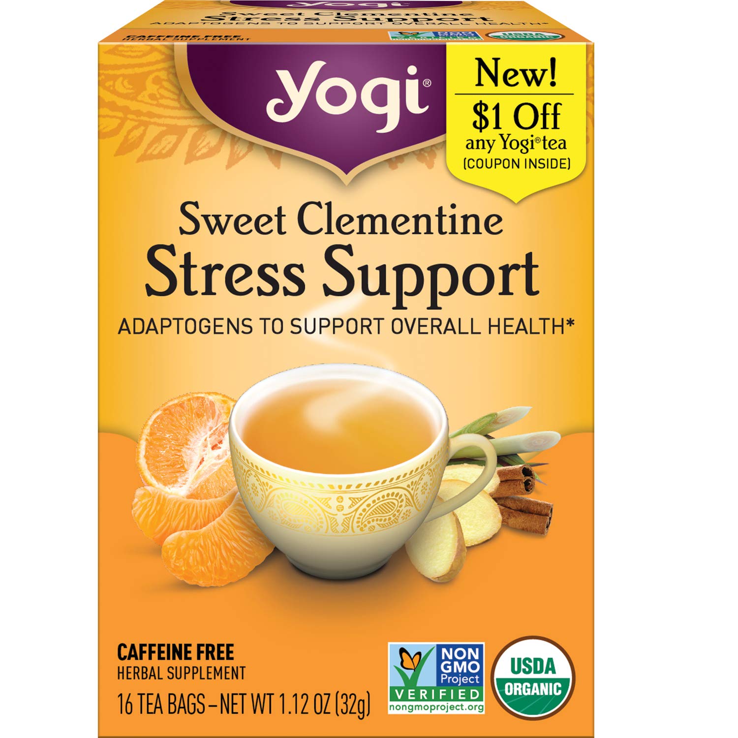 Yogi Tea Sweet Clementine Stress Support Tea - 16 Tea Bags Per Pack (4 Packs) - Stress Support Herbal Tea - Calming Adaptogen Tea - Includes Ashwagandha Root, Lemongrass, Cinnamon Bark & More