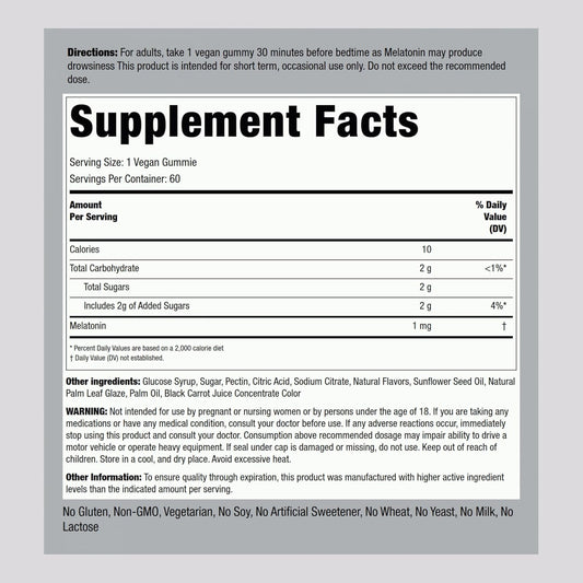 Piping Rock Melatonin Gummies 1mg | 60 Count | Low Dose | Adult Supplement | Cherry Pomegranate Flavor | Vegan Formula | Non-GMO, Gluten Free