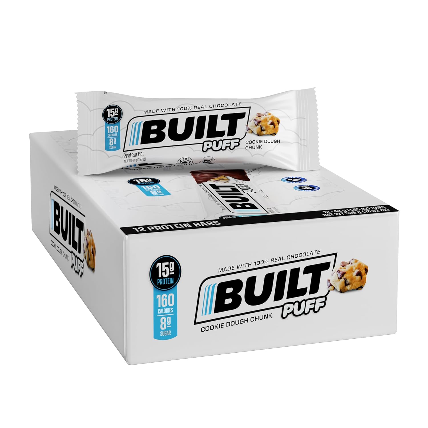 Built Protein Bars, Cookie Dough Chunk Puff, 12 Count, Protein Snacks With 15G Of High Protein, Collagen, Chocolate Protein Bar With Only 160 Calories & 8G Sugar, Perfect On The Go Protein Snack