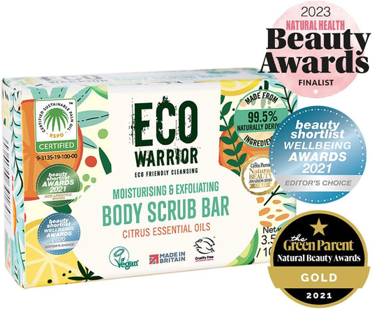 Eco Warrior Body Scrub Soap Bar | Eco Friendly, Natural Body Bar Soap Scrub | Vegan, Cruelty-Free, No Sls Or Parabens | Nourishing And Gentle Exfoliating With Citrus Essential Oils And Oatmeal | 100G