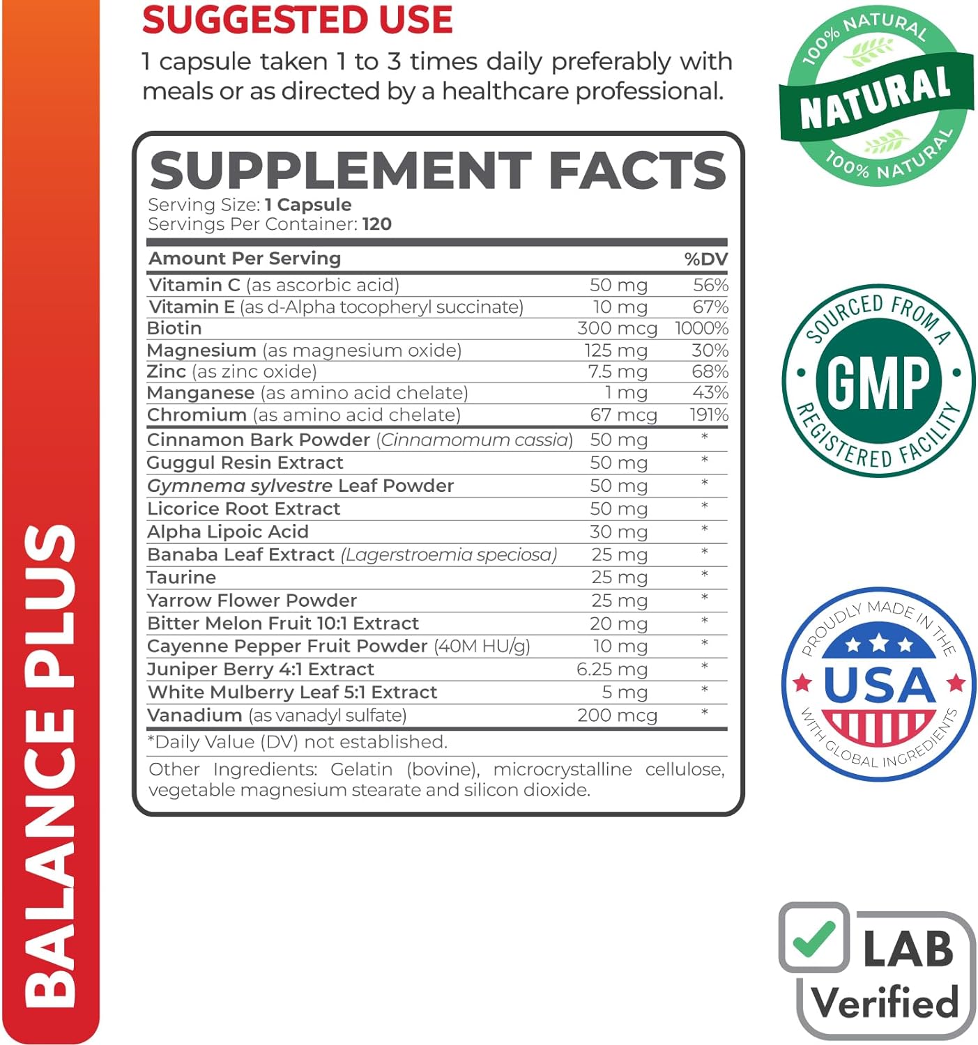 Balance Plus (120 Capsules) Avoid The Daily Peaks And Troughs of Energy, Mood, Focus, Metabolism, & Weight - Natural Herb Support Supplement with Cinnamon, Bitter Melon, Guggul, Banaba (No Tablets) : Health & Household