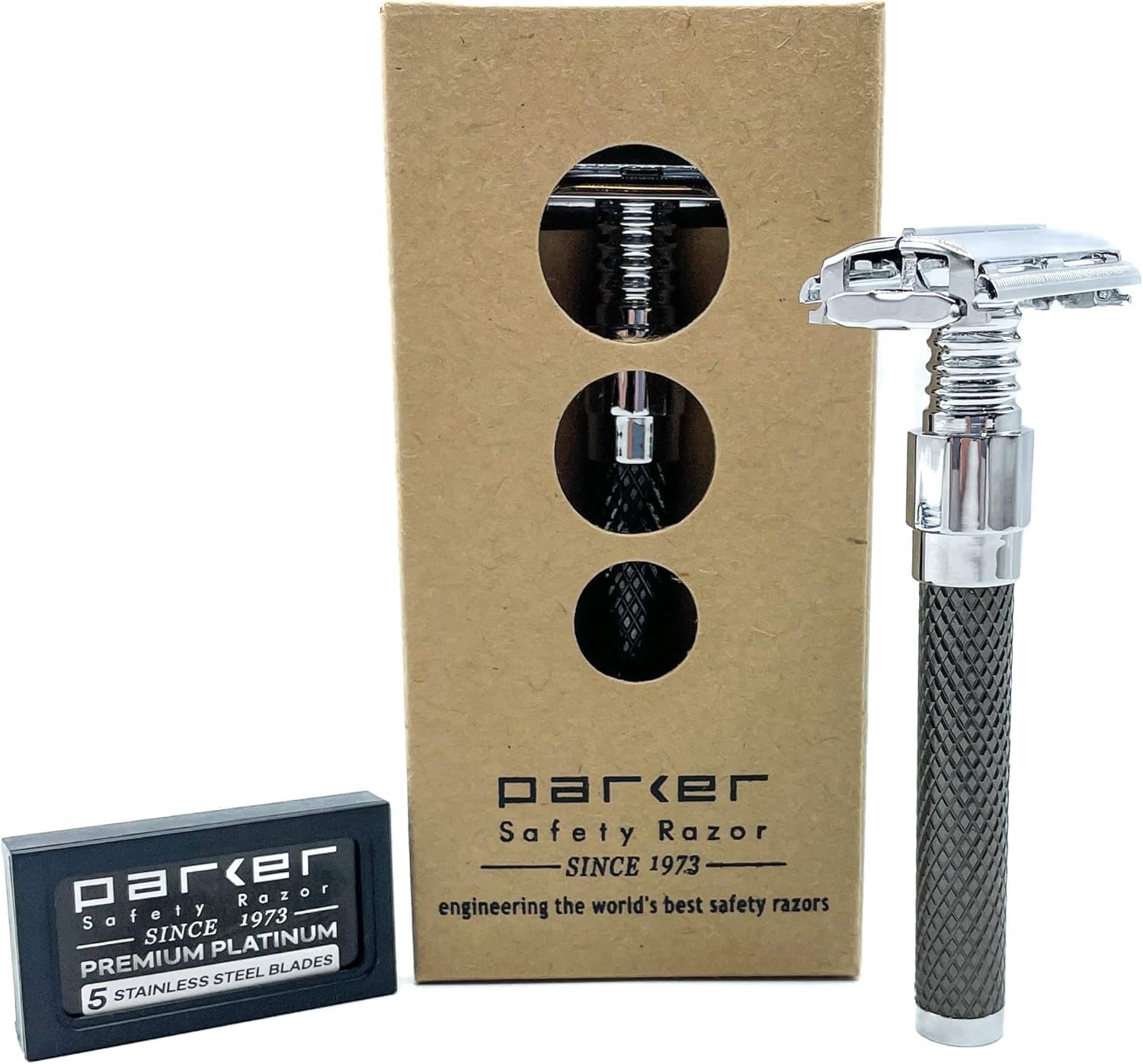 Parker 92R Graphite Gray, Long Handle Heavyweight Butterfly Open Double Edge Safety Razor For Men, 5 Parker Premium Platinum Double Edge Razor Blades Included
