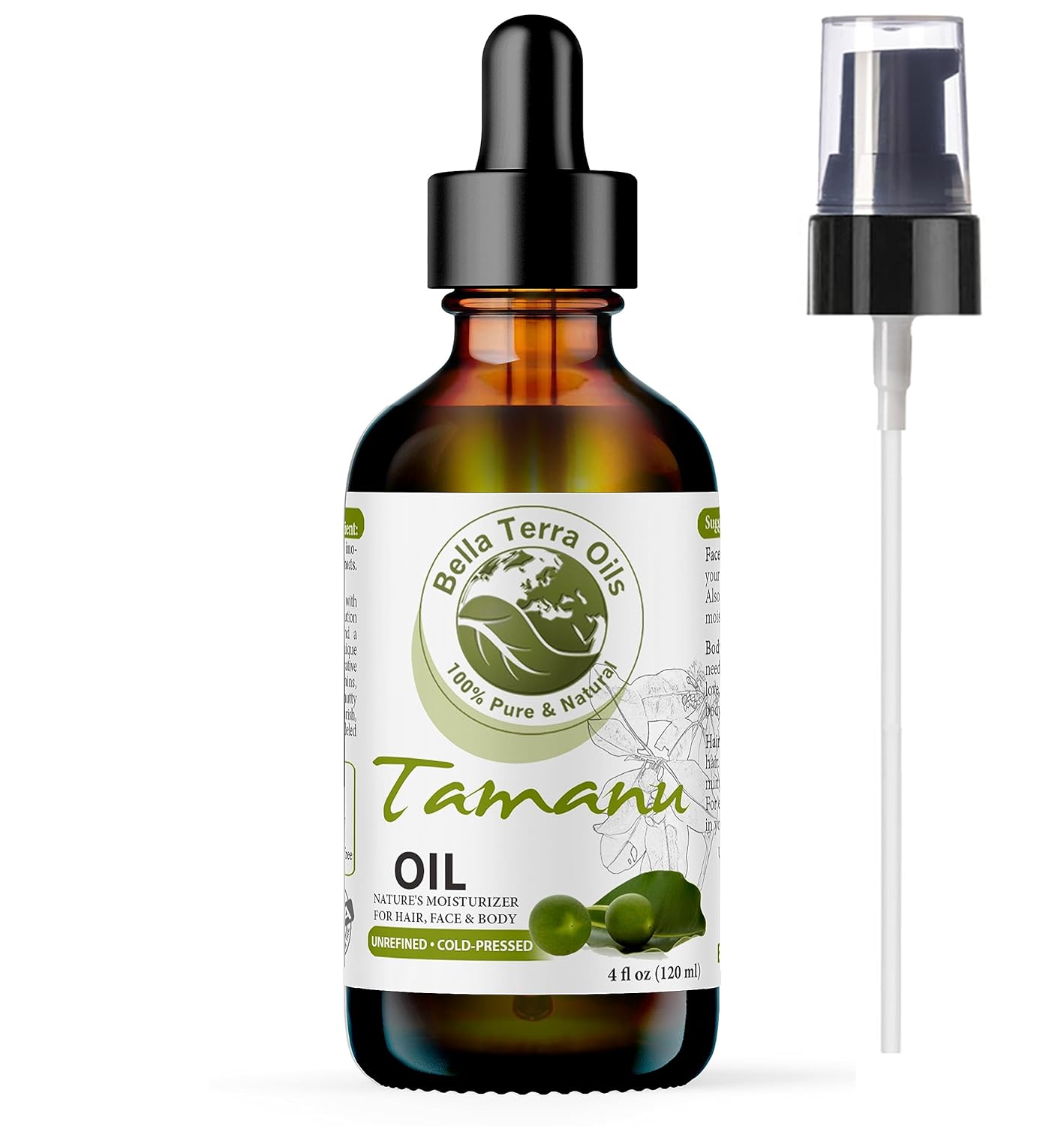 Bella Terra Oils - Organic Tamanu Oil 4oz - Cold-Pressed & Pure, Packed with Antioxidants & Beneficial Nutrients, Achieve Silky Smooth Skin Naturally