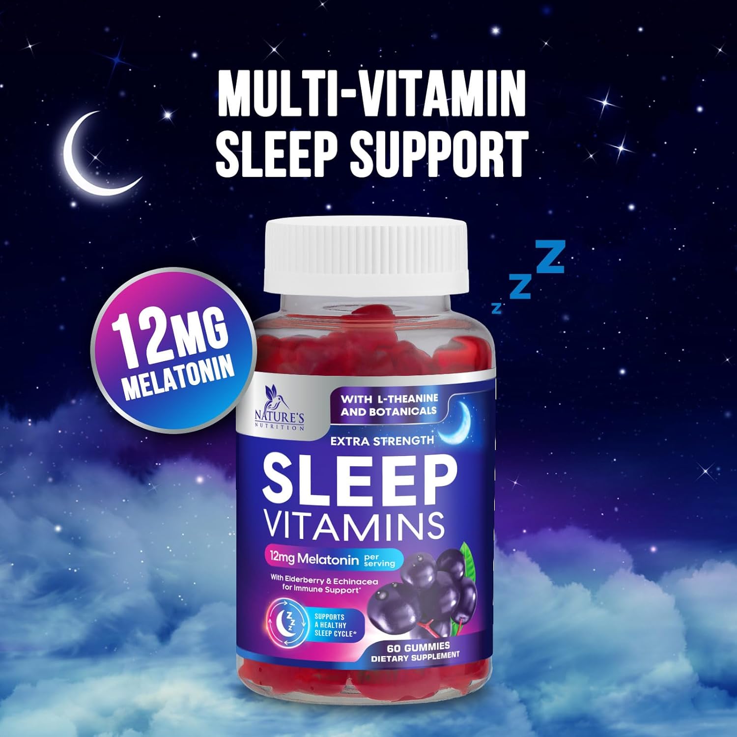 Sleep Vitamins - Fast Acting, Powerful & Natural Sleep Gummy Supplement for Adults - Fall Asleep Naturally with 12mg Melatonin, Chamomile & Zinc - Nature's Sleep & Muscle Support - 60 Gummies : Health & Household