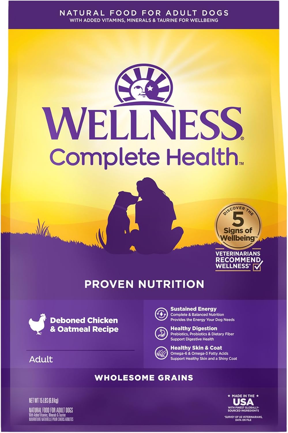 Wellness Complete Health Dry Dog Food With Grains, Natural Ingredients, Made In Usa With Real Meat, All Breeds, For Adult Dogs (Chicken & Oatmeal, 15-Pound Bag)