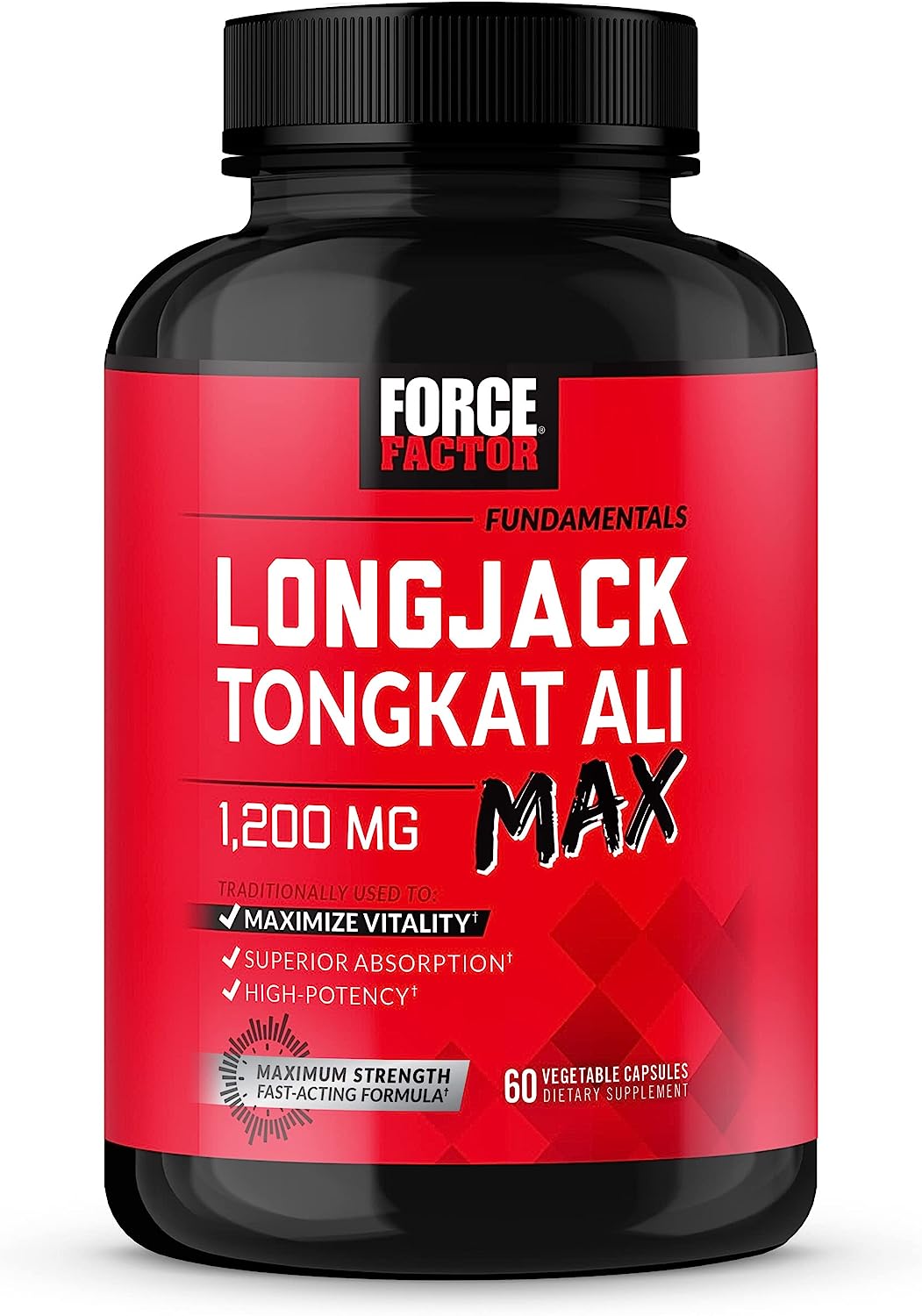 Force Factor Longjack Tongkat Ali Max for Men, Male Stamina and Vitality Supplement Made with Tongkat Ali Extract and Key Natural Ingredients for Superior Absorption, 1200mg, 60 Capsules