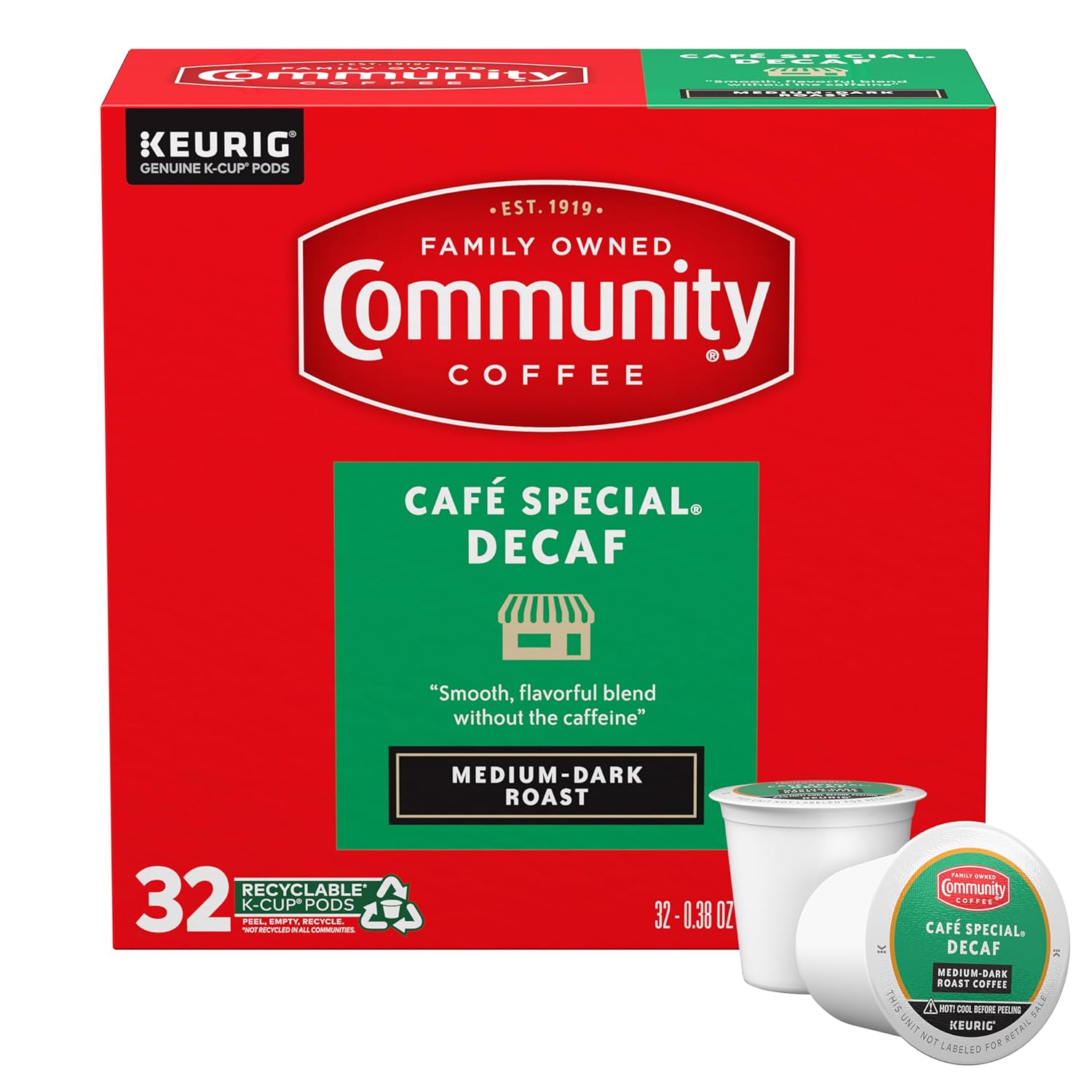 Community Coffee Café Special Decaf, Medium-Dark Roast, Single-Serve Keurig K-Cup Pods, 32 Count (Pack Of 1)