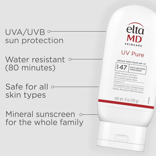 Eltamd Uv Pure Face And Body Sunscreen, Spf 47 Mineral Sunscreen For Kids And Adults, Water Resistant Up To 80 Minutes, Oil Free Zinc Oxide Formula
