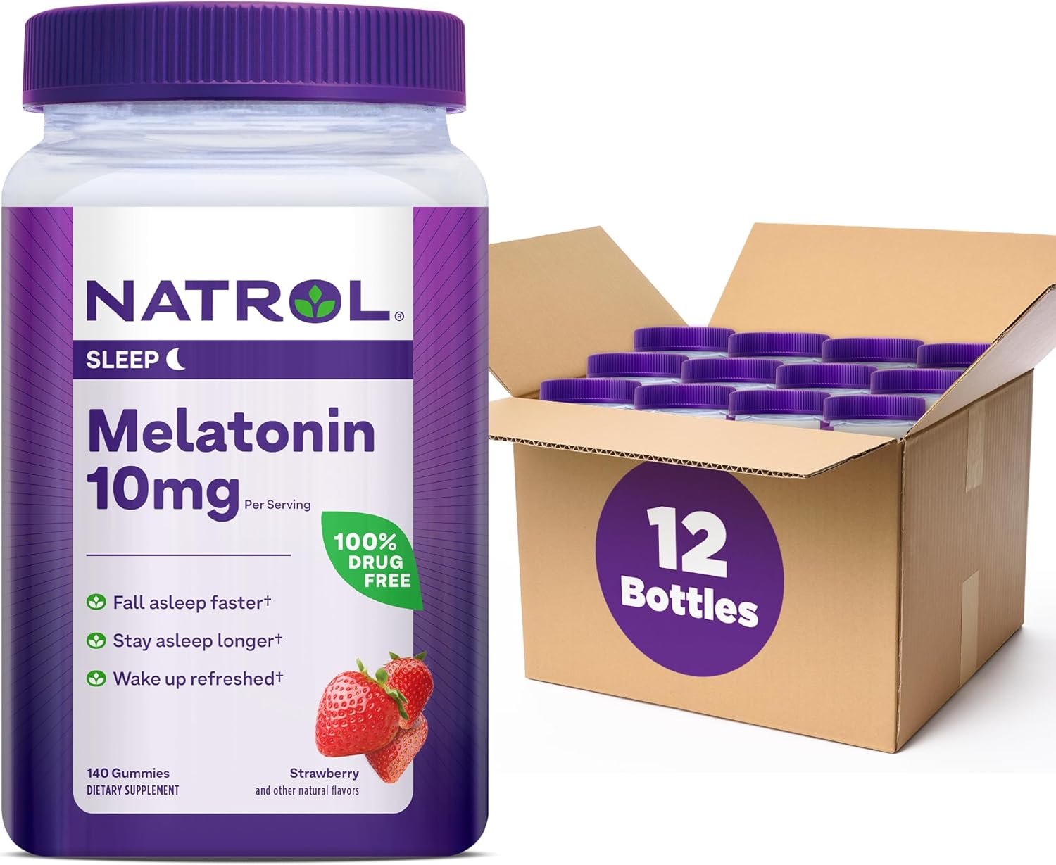 Natrol Melatonin 10Mg, Dietary Supplement For Restful Sleep, Sleep Gummies For Adults, 140 Strawberry-Flavored Gummies, 70 Day Supply (Pack Of 12)