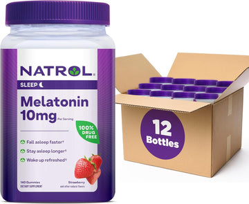 Natrol Melatonin 10Mg, Dietary Supplement For Restful Sleep, Sleep Gummies For Adults, 140 Strawberry-Flavored Gummies, 70 Day Supply (Pack Of 12)