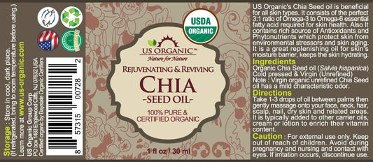 US Organic Chia Seed Oil, Certified Organic, Pure & Natural, Cold Pressed Virgin, Unrefined, Sourced from Paraguay, in Amber Glass Bottle w/Glass Eyedropper (1 oz (30 ml))