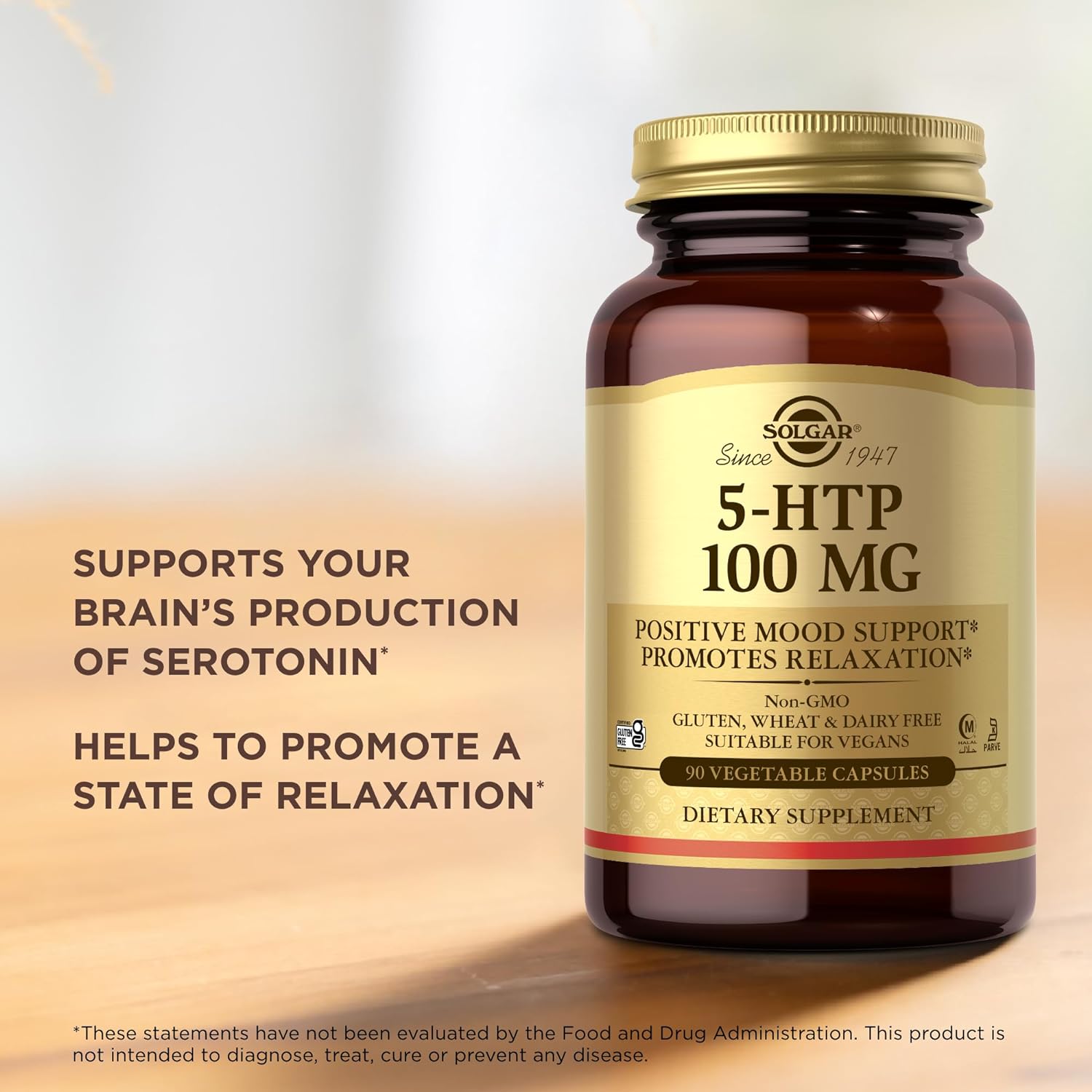 Solgar 5-HTP 100 mg - 90 Vegetable Capsules - Promotes Relaxation - Non-GMO, Vegan, Kosher, Halal & Gluten Free - 90 Servings