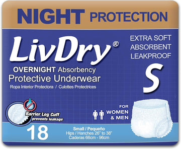 LivDry Adult S Incontinence Underwear, Overnight Comfort Absorbency, Leak Protection, Small, 18-Pack