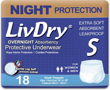 Livdry Adult S Incontinence Underwear, Overnight Comfort Absorbency, Leak Protection, Small, 18-Pack