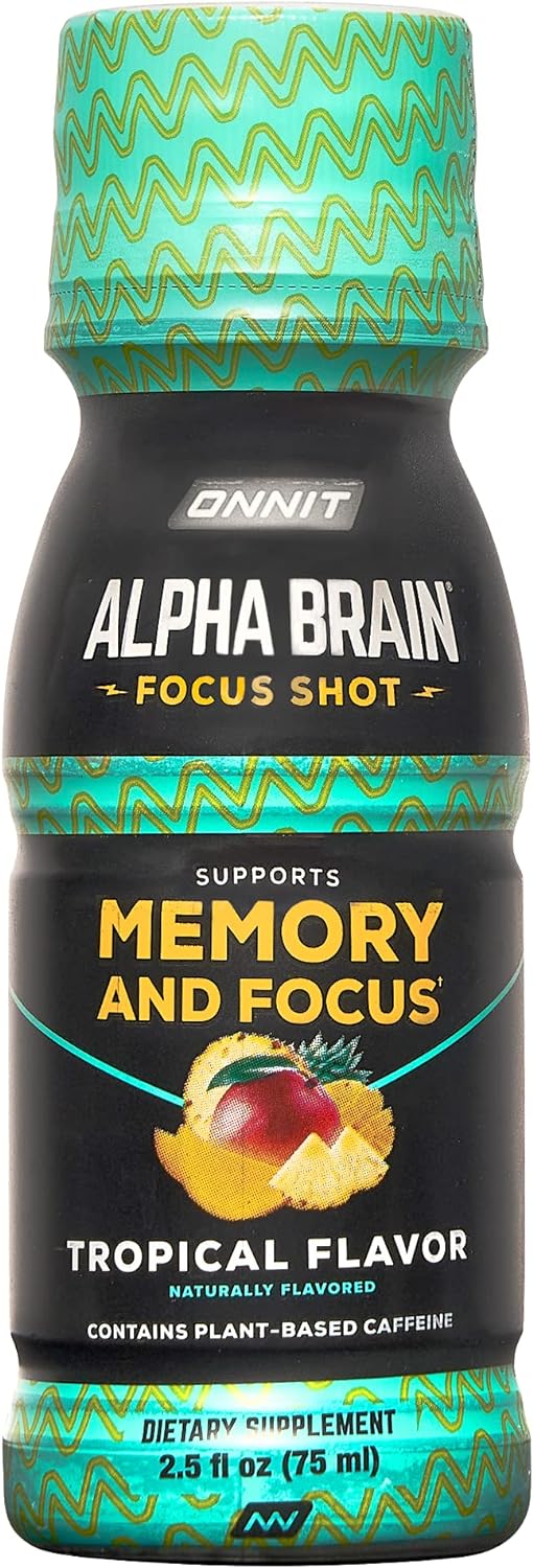 ONNIT Alpha Brain Focus Energy Shot Supplement - Energy, Focus, Mood, Stress, Brain Booster Drink - Tropical (2.5 fl oz, 6 ct)