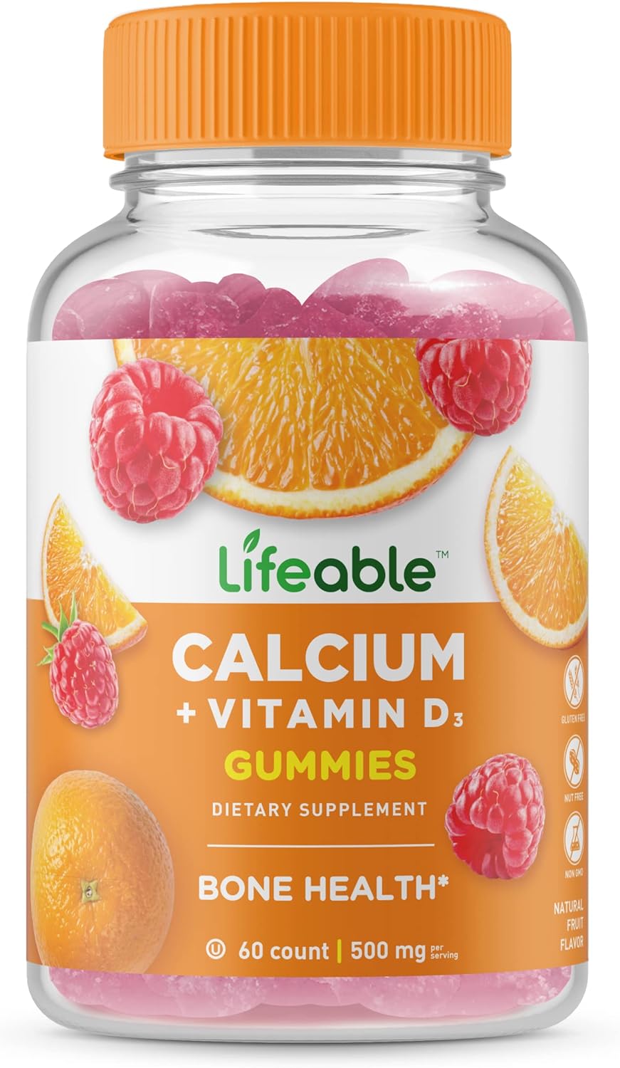 Lifeable Calcium 500 mg with Vitamin D3 1000 IU Gummies - Great Tasting Natural Flavor Vitamin Supplement - Gluten Free GMO-Free Chewable - for Bone Strength - for Adults, Man and Women - 60 Gummies