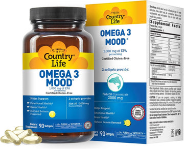 Country Life Omega 3 Mood, 2000Mg Fish Oil With Epa & Dha, 90 Softgels, Certified Gluten Free