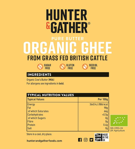 Hunter & Gather Certified Organic Ghee From Grass Fed British Cows 450G | Sugar, Gluten & Seed Oil Free & Low Lactose Content | Keto, Low Carb & Paleo