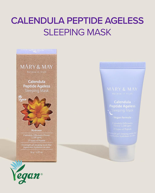 Mary&May Vegan Calendula Peptide Ageless Sleeping Mask - Overnight Hydration Face Gel Mask Korean Facial Mask - Soothing Acne, And Anti-Aging With Ceramide, Hyaluronic Acid, Cica, 1.01 Fl.Oz