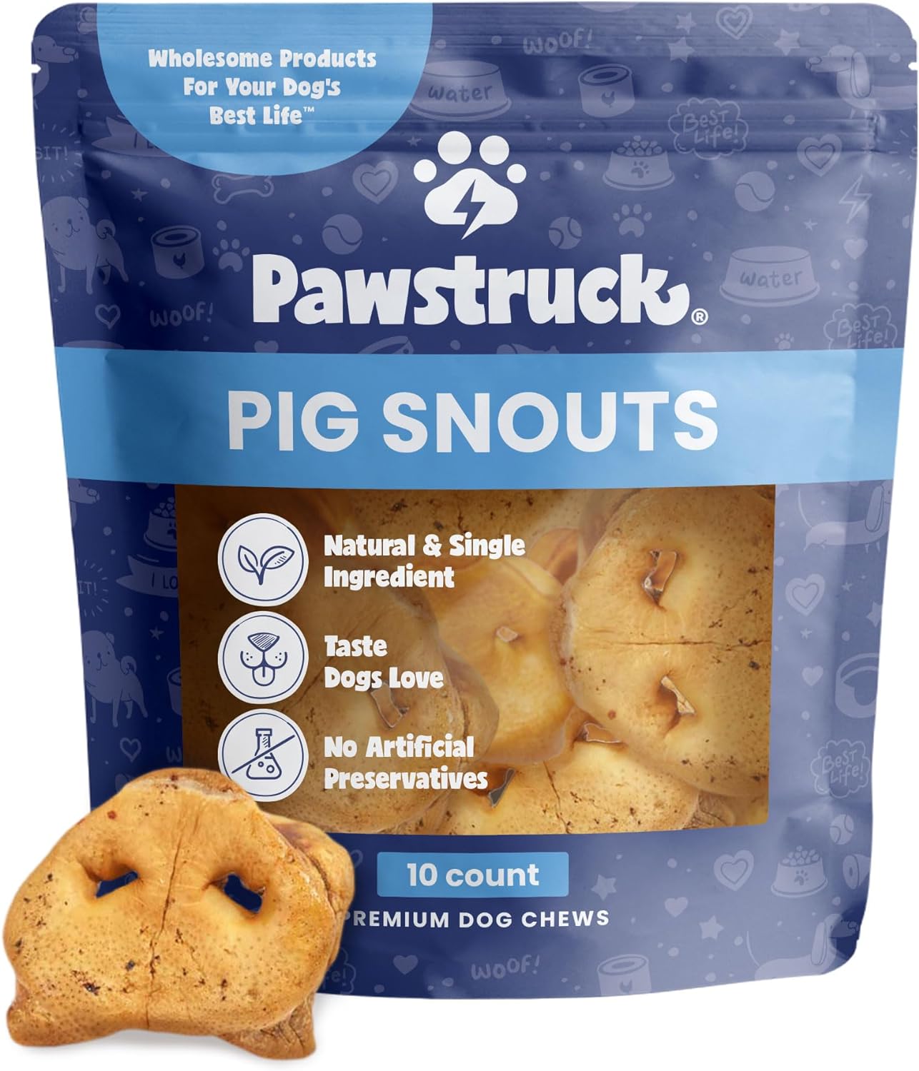 Pawstruck Natural Slow Roasted Pig Snouts for Dogs - Premium Single Ingredient Low Fat Pork Chew Treat for All Breeds - No Artificial Preservatives for All Breeds - 10 Count - Packaging May Vary