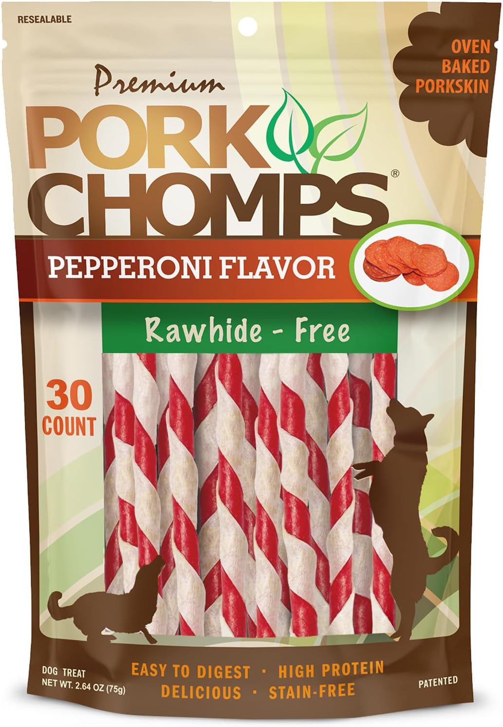Pork Chomps Baked Pork Skin Dog Chews, 5-Inch Mini Twists, Pepperoni Flavor Wrap, 30 Count