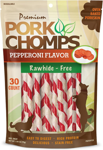 Pork Chomps Baked Pork Skin Dog Chews, 5-Inch Mini Twists, Pepperoni Flavor Wrap, 30 Count