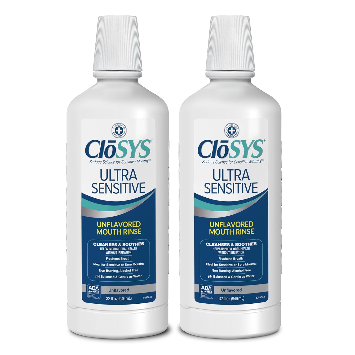 CloSYS Ultra Sensitive Mouthwash, 32 Ounce (Pack of 2), Unflavored (Optional Flavor Dropper Included), Alcohol Free, Dye Free, pH Balanced, Helps Soothe Entire Mouth