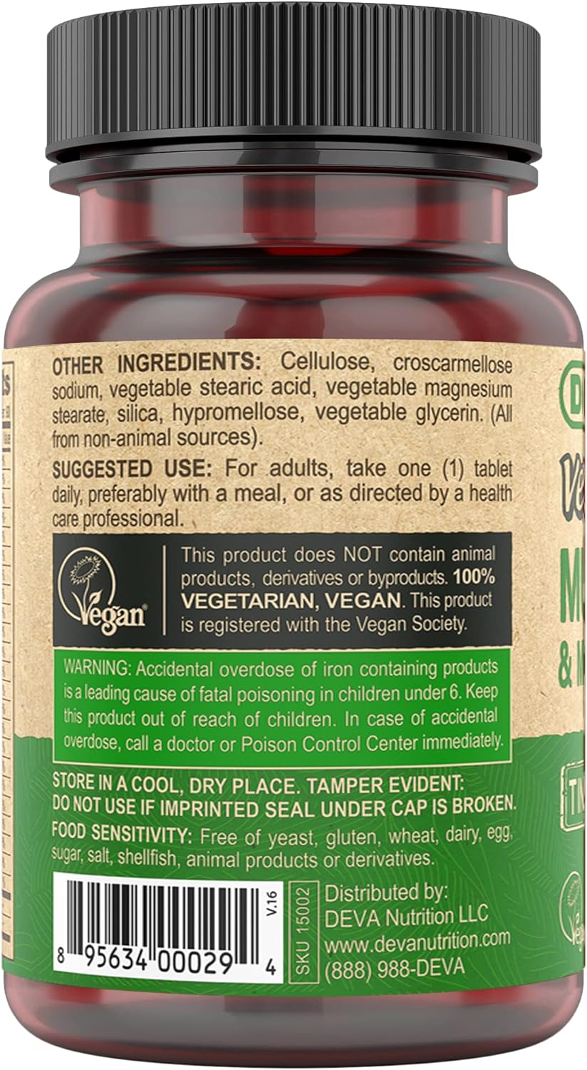 DEVA Tiny Tablets Vegan Multivitamins for Women & Men, Multivitamin with Iron, Mineral Supplement, Vitamin C, Vitamin B Complex, Vitamin B12, Vitamin E, Zinc, Gluten Free, 90 Tablets : Health & Household