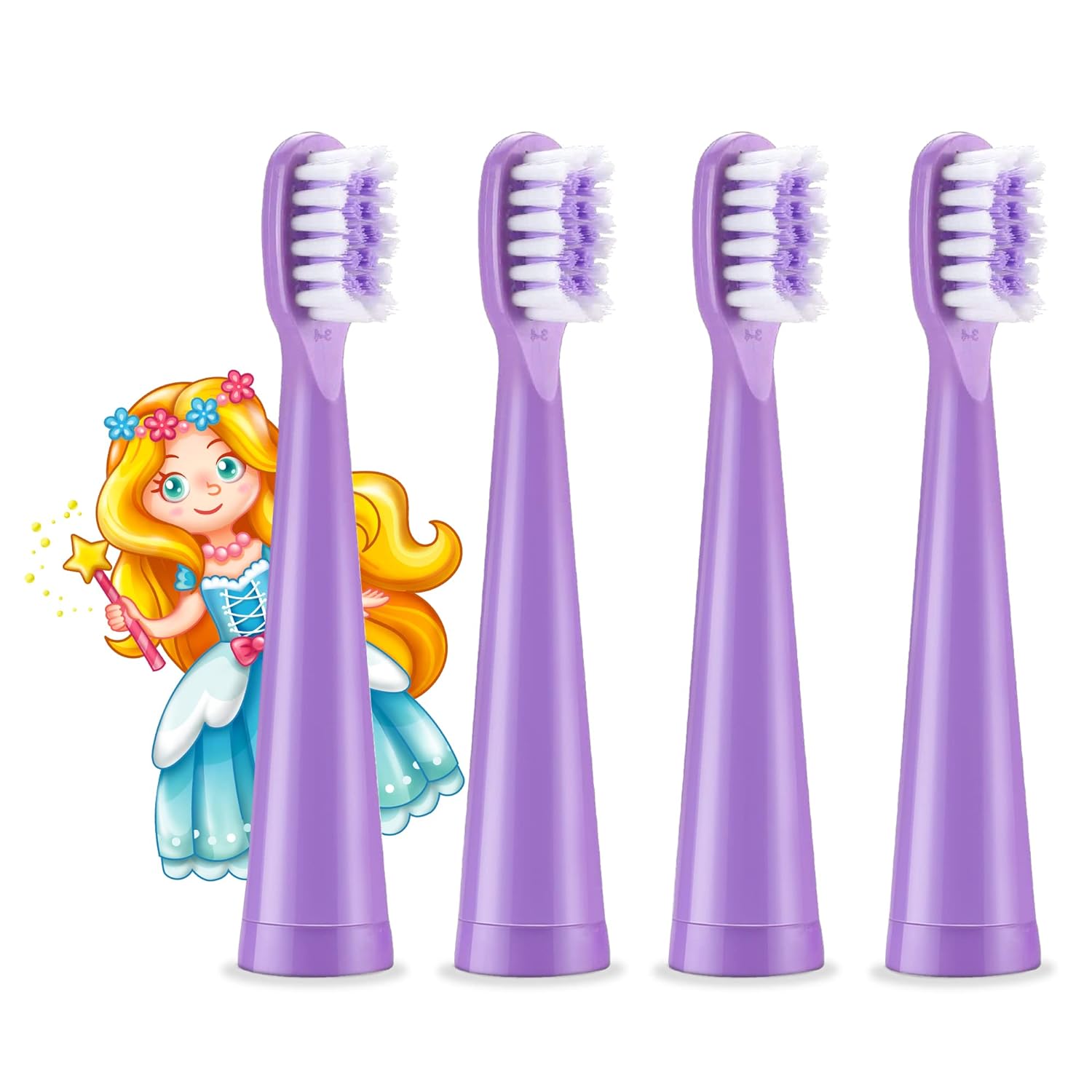 Vekkia Princess Electric Toothbrush Replacement Heads - 7X More Plaque Removal, End-Rounded 3D Curved Soft Bristles, Comfortable & Efficient Clean Teeth, Perfect for Kid Small Mouth, Purple (4 Pack)