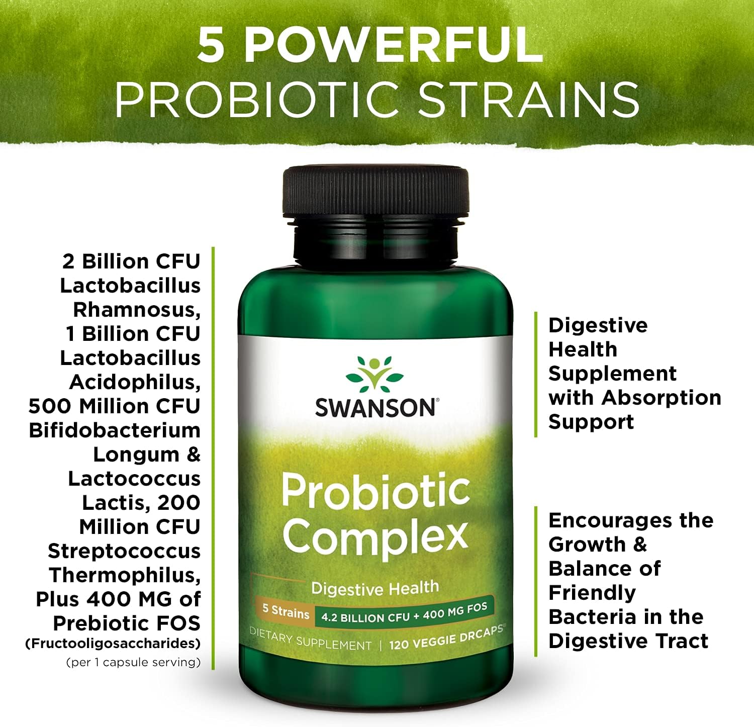 Swanson Probiotic Complex 4.2 Billion CFU 5-Strain Digestive Health Fat Metabolism Satiety Prebiotic FOS Complex Supplement 120 Veggie DRcaps : Health & Household