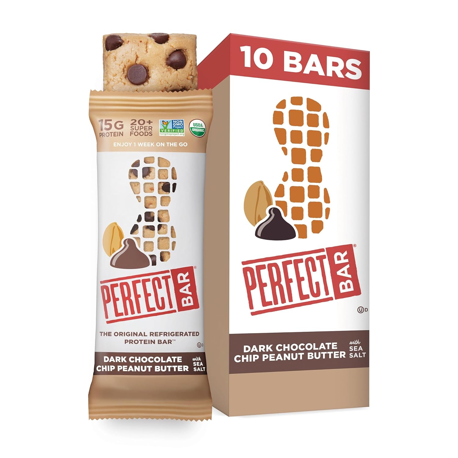 Perfect Bar, Dark Chocolate Chip Peanut Butter Protein Bar, High Protein, Organic, Gluten Free, Soy Free, Non Gmo, No Sugar Alcohols, 2.3 Ounce Bar, 10 Count