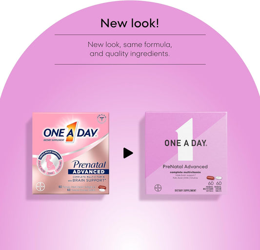 One A Day Women’S Prenatal Advanced Complete Multivitamin With Brain Support* With Choline, Folic Acid, Omega-3 Dha & Iron For Pre, During & Post Pregnancy, 60+60 Ct (120 Total) (Packaging May Vary)