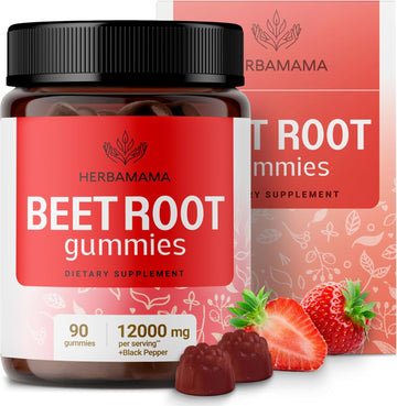 Herbamama Beet Root Gummies - 12000 Mg Red Beets With Black Pepper Supplement For Overall Health Support - Vegan, Gelatin-Free, Non-Gmo - 90 Strawberry-Flavored Chews