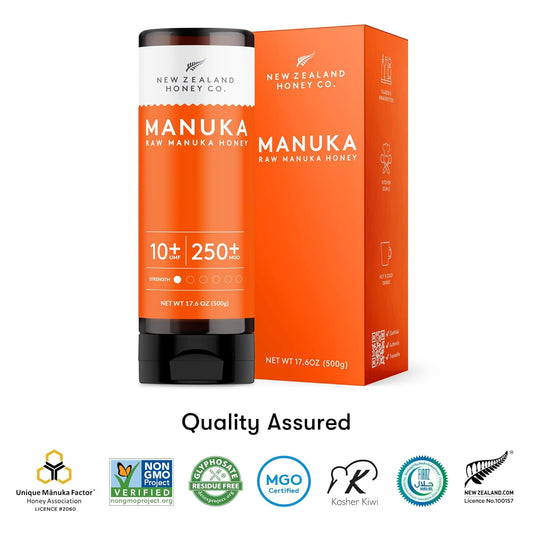 New Zealand Honey Co. Manuka Honey Umf 10+ | Mgo 250+ Squeezy Bottle 17.6 Oz / 1.1 Lb (500G)