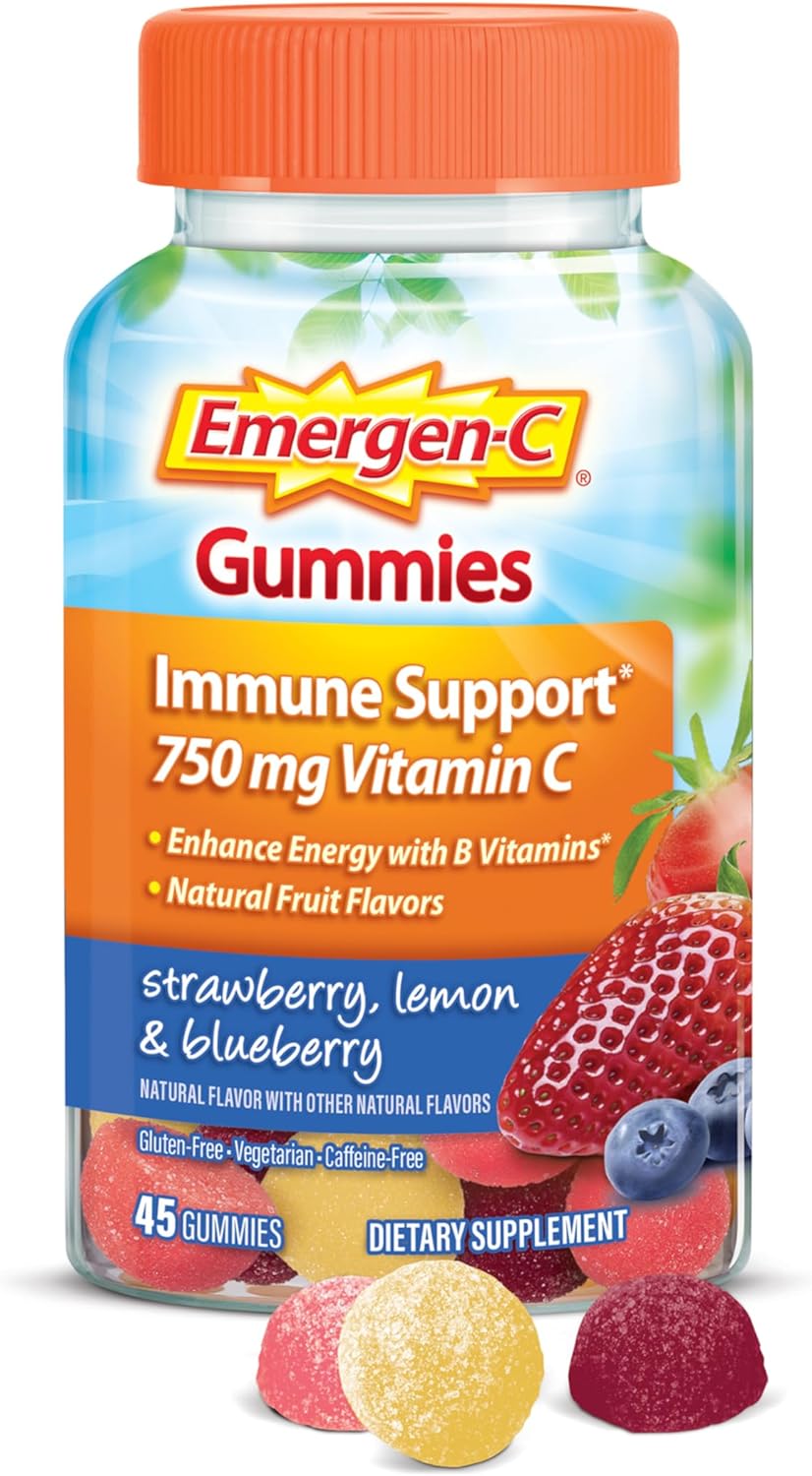 Emergen-C 750mg Vitamin C Gummies for Adults, Immune Support Gummies, Gluten Free, Strawberry, Lemon and Blueberry Flavors - 45 Count