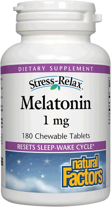 Stress-Relax Melatonin 1 mg by Natural Factors, Natural Sleep Aid, Resets the Sleep-Wake Cycle, 180 chewable tablets (180 servings), Peppermint Flavor